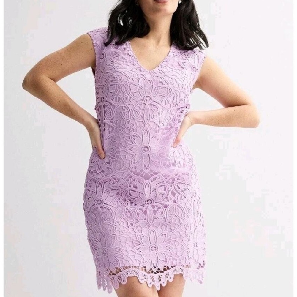 London Times Lilac Lace Short Shift Dress Lavender 14 V-Neck Wedding Party Guest